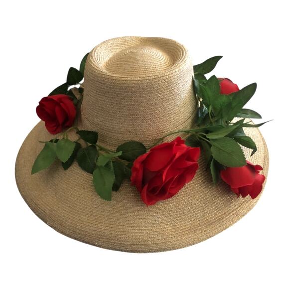 Fine Millinery Collection By August Accessories Wide Brim Red Roses Floral Hat - Picture 3 of 11